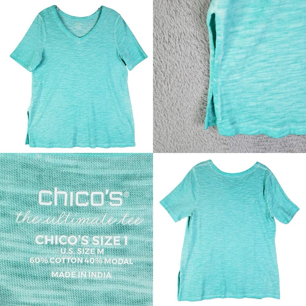 Chicos Shirt Women Size 1 US Medium Teal Blue Green Modal Cotton Stretch SS